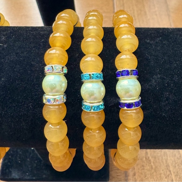 Golden Yellow Bead Bracelets with Simulated Pearl & Rhinestone Spacers - Picture 7 of 9